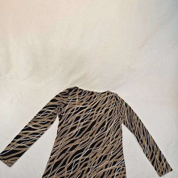 MICHAEL KORS Old Money Black/Gold Chain/Pearl Pattern Border Shift Dress Size L. - Picture 9 of 16